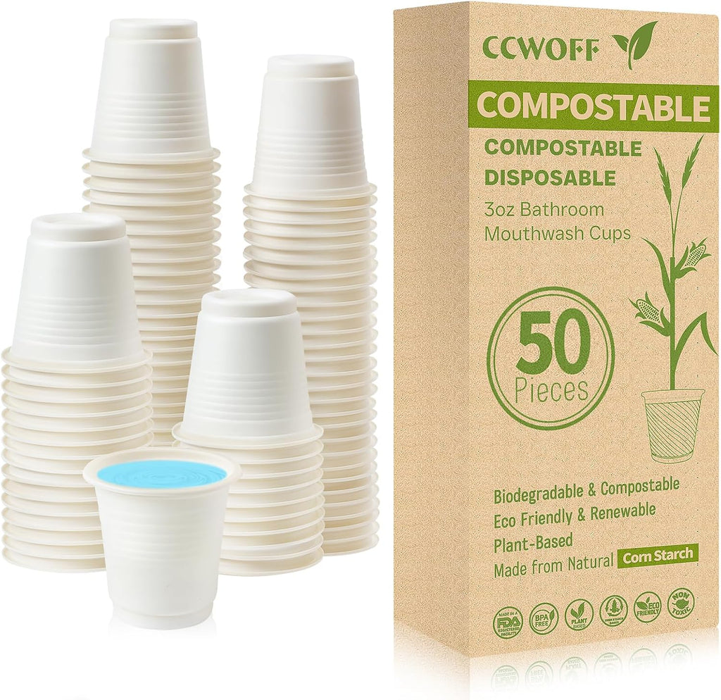 3 oz Bathroom Cups 100% Compostable Cups Biodegradable Eco Friendly Cups Mouthwash Cups for Rinsing Mouth Shot Cups Disposable for Tasting (50 Pack)