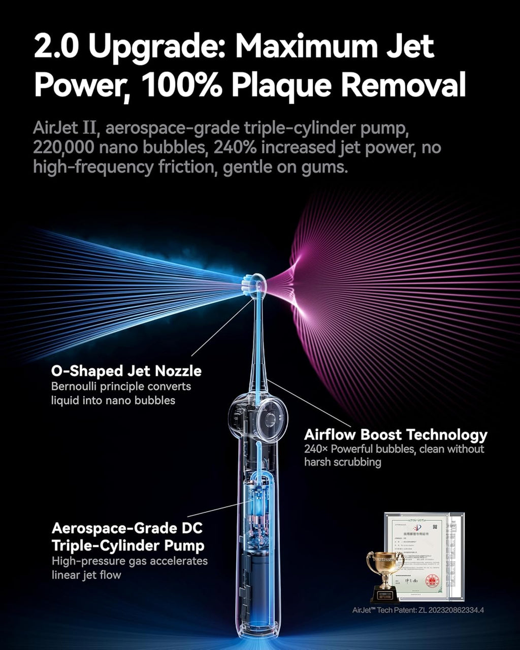 RANVOO AirJet II [Upgraded Jet Clean] Sonic Electric Toothbrush, 100% Plaque Removal, White for Adult Protect Gum Orthodontic Teeth Clean Rechargeable Gift with 3 Pro Brush Heads, Purple