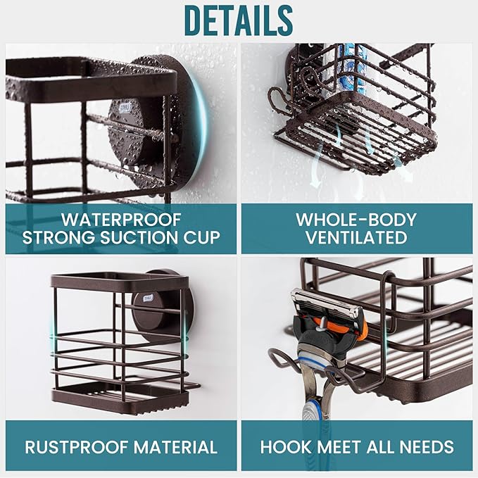 TAILI Patented Suction Cup Toothbrush Holder, Stainless Steel Anti-Puddling Toothbrush Shower Holder, No Drilling Removable Organizer for Bathroom Toothpaste, Razor, Kitchen and Office Items, Brown