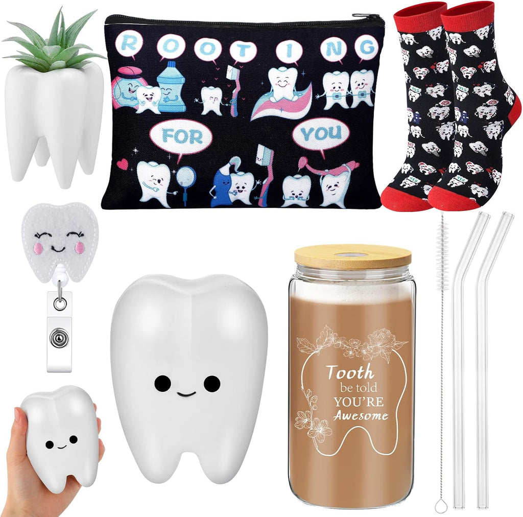 Pickmesh 6 Pcs Dental Gifts Dentist Assistant Hygienist Gifts 16 oz Glass Cups with Lid Makeup Bag Socks Badge Holder Tooth Brush Pot for Women Coworkers Doctor Nurse Christmas Accessories(Black)