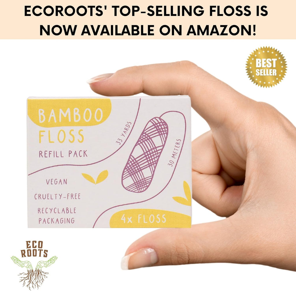 ECO ROOTS Organic Bamboo Floss Refill x4 Rolls, Eco Friendly Dental Charcoal Floss | Reusable & Vegan Bamboo Tooth Flossers | Zero Waste, Plastic Free, Biodegradable
