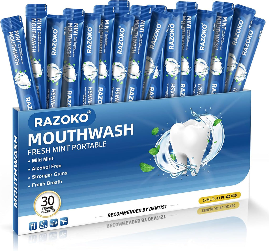 RAZOKO Mouthwash Travel Size-Portable Fresh Mint Packets,Alcohol & Fluoride Free Mouthwash,Disposable Oral Care Strips