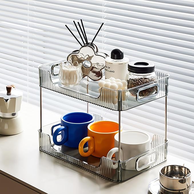 2-Tier Bathroom Counter Organizer Countertop Storage, Dresser Organizer Vanity Tray for Makeup, Perfume Organizer Cosmetics Skincare Shelf - Grey