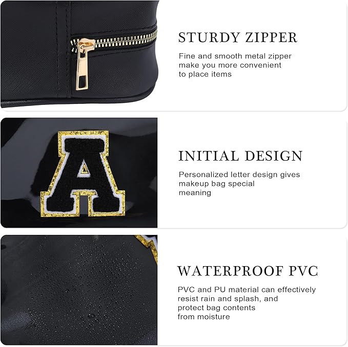 YOOLIFE Initial Makeup Bag Travel Toiletry Bag Clear Makeup Bag Cosmetic Bags Travel Essentials Gifts for Girls Teen Girlfriend Teacher Birthday Birthday Gifts for Kids Black Graduation Gifts A