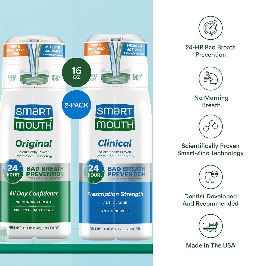 SmartMouth DDS Activated Clinical Mouthwash & Original Activated Mouthwash - Adult Mouthwash for Fresh Breath - Clean Mint Flavor (Clinical) & Fresh Mint Flavor (Original), 16 fl oz Each