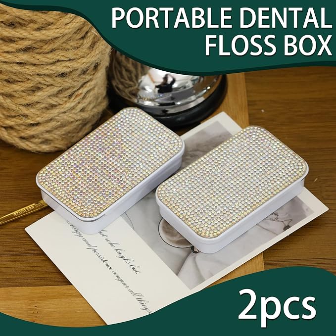 2Pcs Bling Dental Floss Holder,Portable & Refillable Floss Pick Holders, Metal Tin Box Case for Q-tip,Cotton Swab(White)