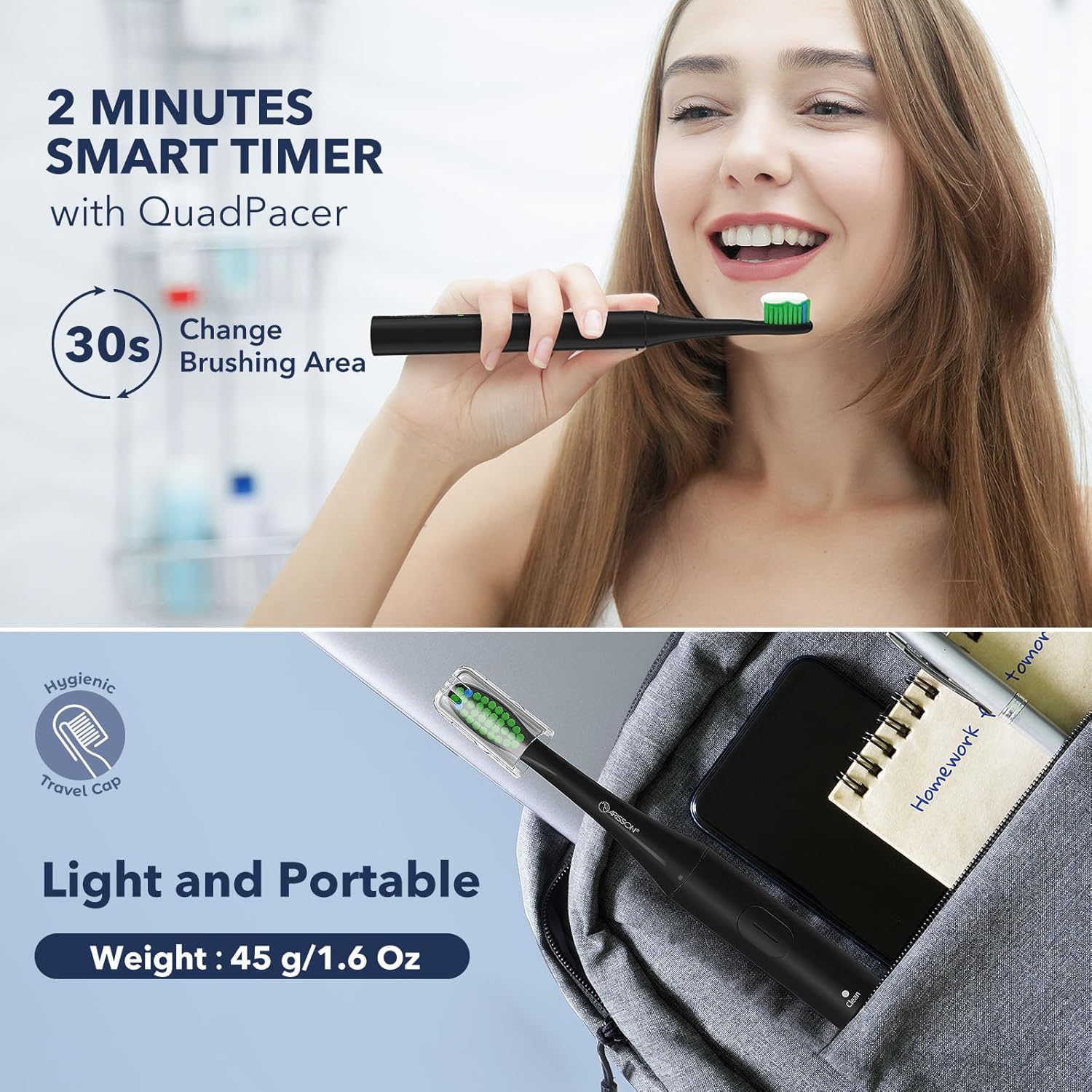 ARISSON Sonic Electric Toothbrush for Adults & Kids, 1.5H Fast Charge for 90 Days, 40,000 VPM Adjustable Clean, 4 Dupont Brush Heads, 1.6 Oz Compact Travel Case & Wall Holder, Black