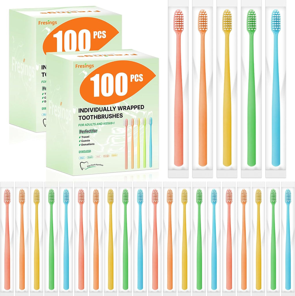 200 Pack Disposable Toothbrushes Bulk – Individually Wrapped Soft Bristles Single Use for Adults & Kids, Travel Hotel Guest Dental Office Donation Emergency Hygiene,Minimalist Design 5 Colors