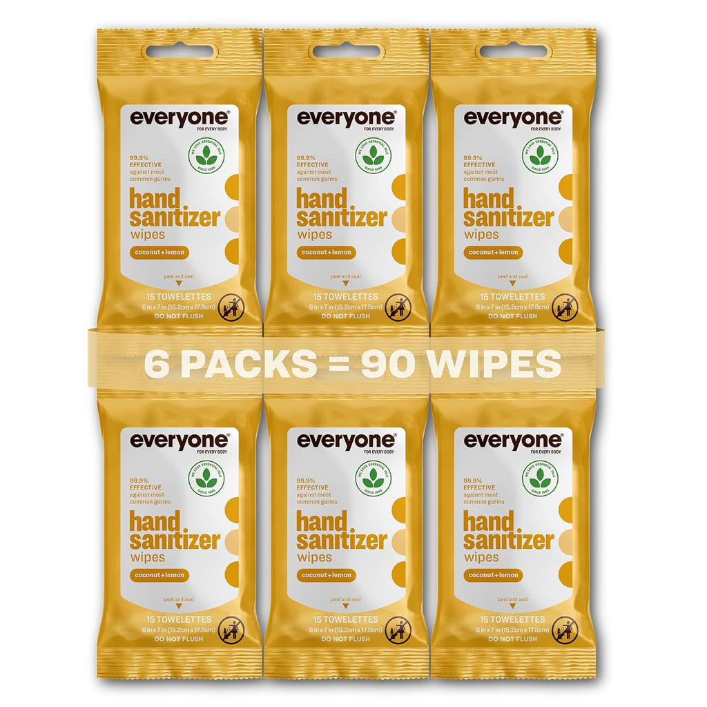 Everyone Hand Sanitizer Wipes, 15 Wipes (Pack of 6), Coconut and Lemon, Made with Sugarcane Derived Alcohol with Essential Oils, TSA friendly