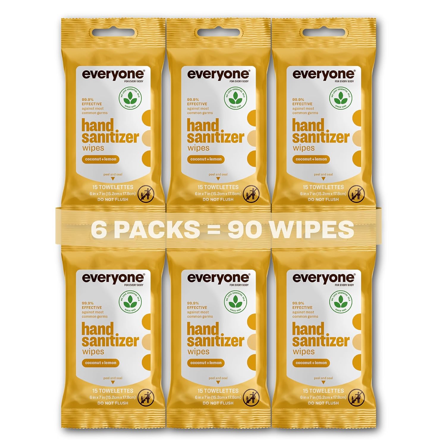Everyone Hand Sanitizer Wipes, 15 Wipes (Pack of 6), Coconut and Lemon, Made with Sugarcane Derived Alcohol with Essential Oils, TSA friendly
