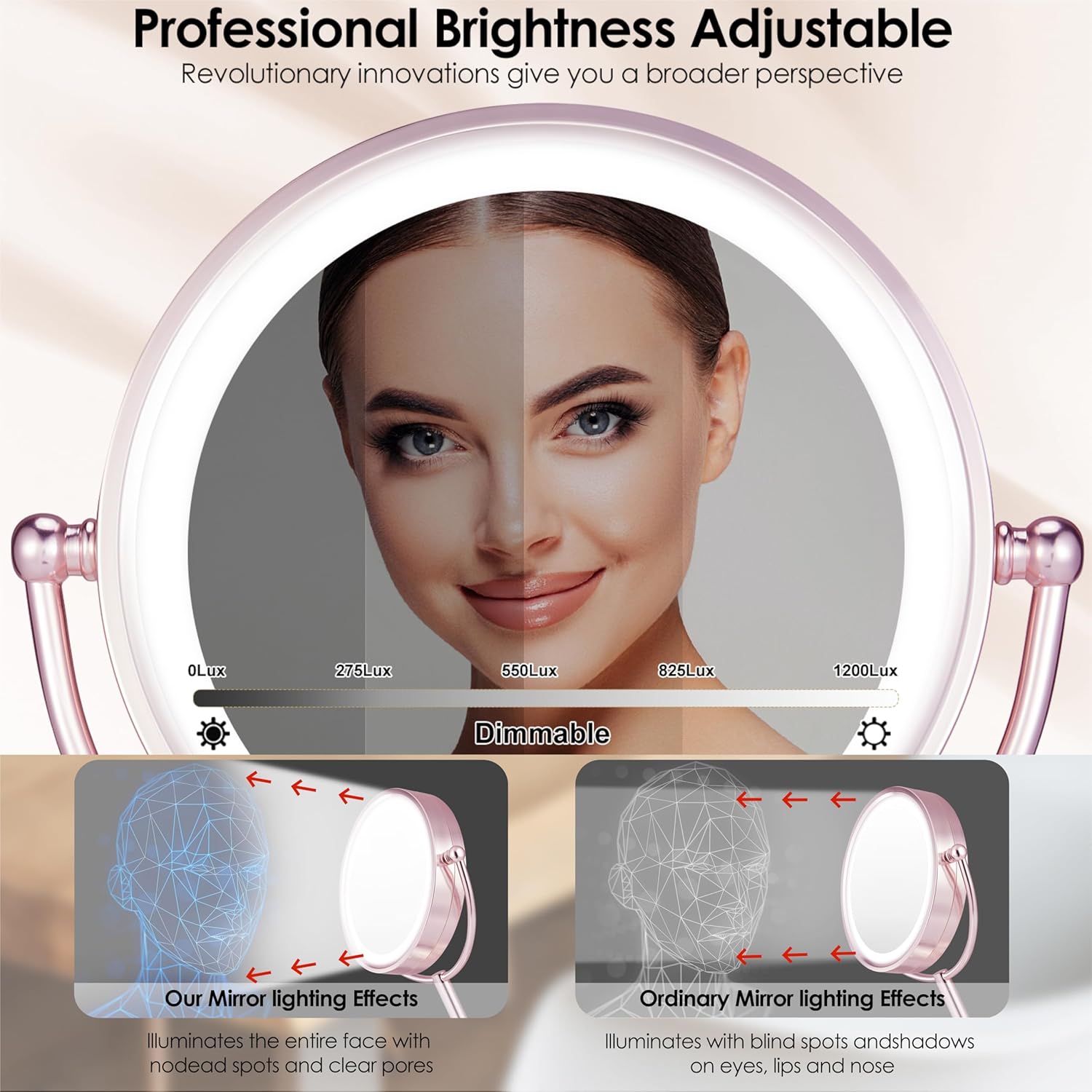 VESAUR Lighted Makeup Mirror Rose Gold Nickel, Double Sided 1X/10X HD Undistorted Magnifying Mirror, 8.5" Vanity Mirror with 3 Colors Dimmable 90 Bright LEDs, 360°Swivel Two Power Supply, Luxury Gifts