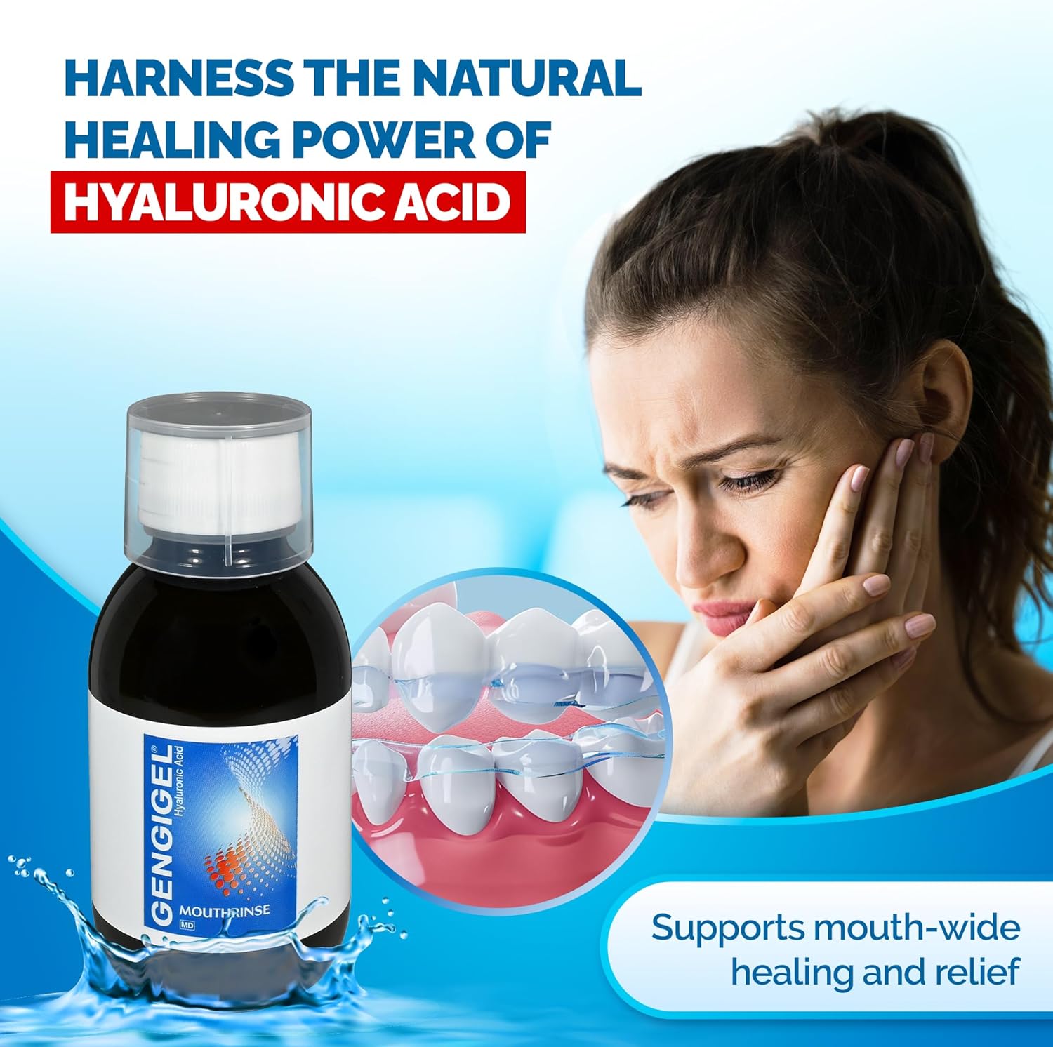 Gengigel Hyaluronic Acid Mouthrinse (300 ml), Oral Care Solution for Gum Health, Reduces Discomfort, Helps Relieve Gum Recession & Gingivitis, No Alcohol or SLS, Vegan & Kosher
