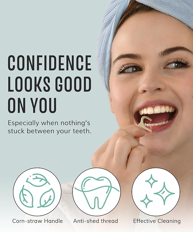 Dental Floss Picks (200pcs) - Flossers for Adults, Vegan Corn-Straw Handle, Superior Oral Care & Anti-Shred Thread, Dental Hygiene, Tooth Pick Sticks, Teeth & Gum Health (Charcoal, Single Thread)