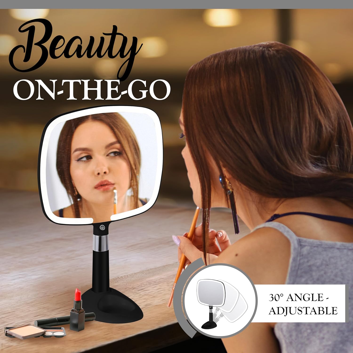 MIRRORVANA Lighted Travel Makeup Mirror - 2 in 1 Handheld & Tabletop LED Mirror with 3 Light Modes, Detachable Stand, and Comfy Handle - 9" x 13" (Black)