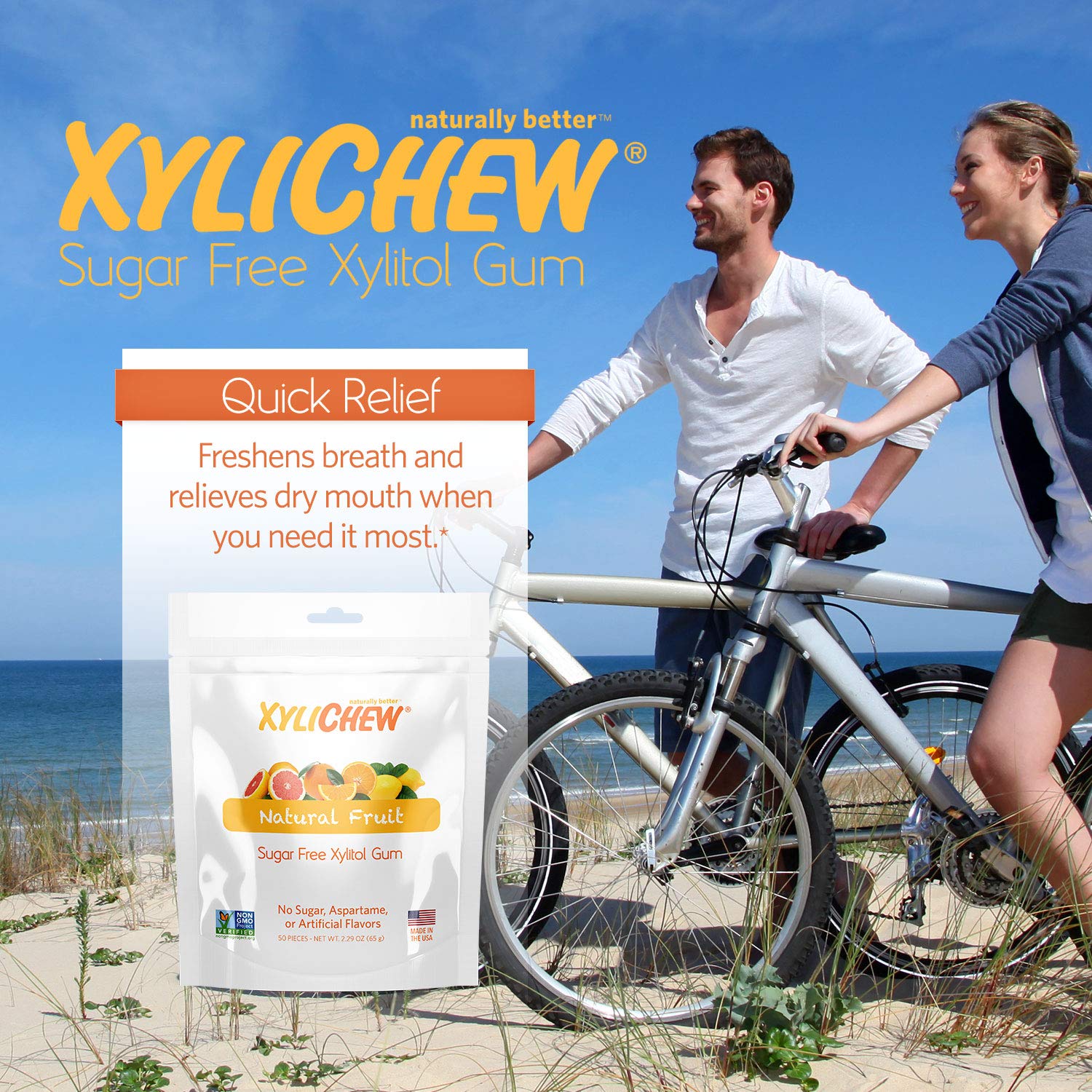 Xylichew 100% Xylitol Chewing Gum - Non GMO, Non Aspartame, Gluten Free, and Sugar Free Gum - Natural Oral Care, Relieves Bad Breath and Dry Mouth - Fruit, 50 Count