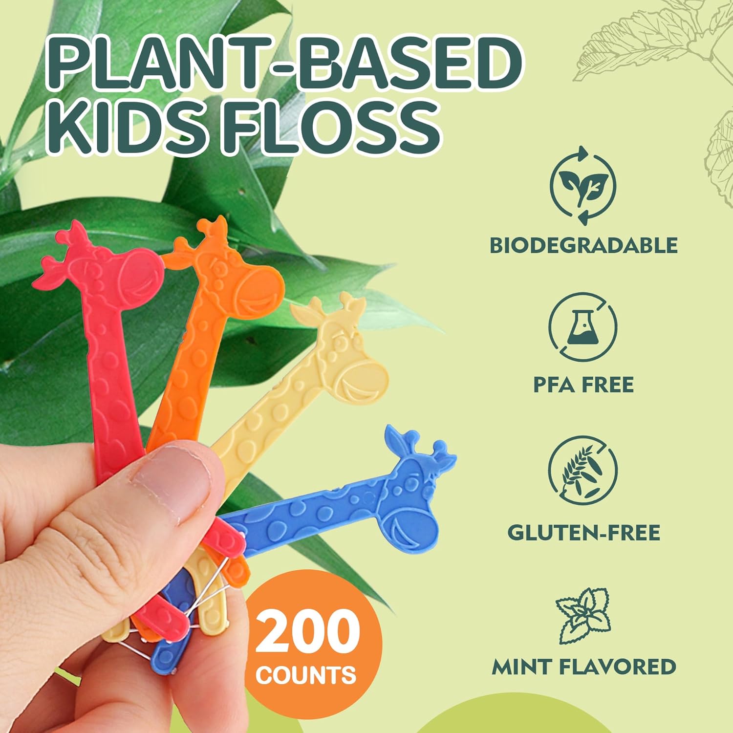 200 Count Biodegradable Kids Flossers, Eco-Friendly Plant-Based Floss Picks, No Fluoride BPA Free Cute Giraffe Dental Picks, No Plastics, Vegan Natural Floss, Mild Mint