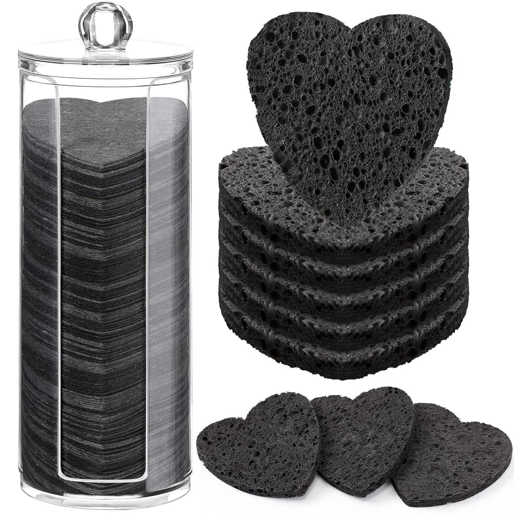 Sieral 120 Pcs Compressed Facial Sponges with Container Disposable Face Sponge Pads for Washing Face Cleansing Exfoliating Esthetician Makeup Removal(Heart,Black)