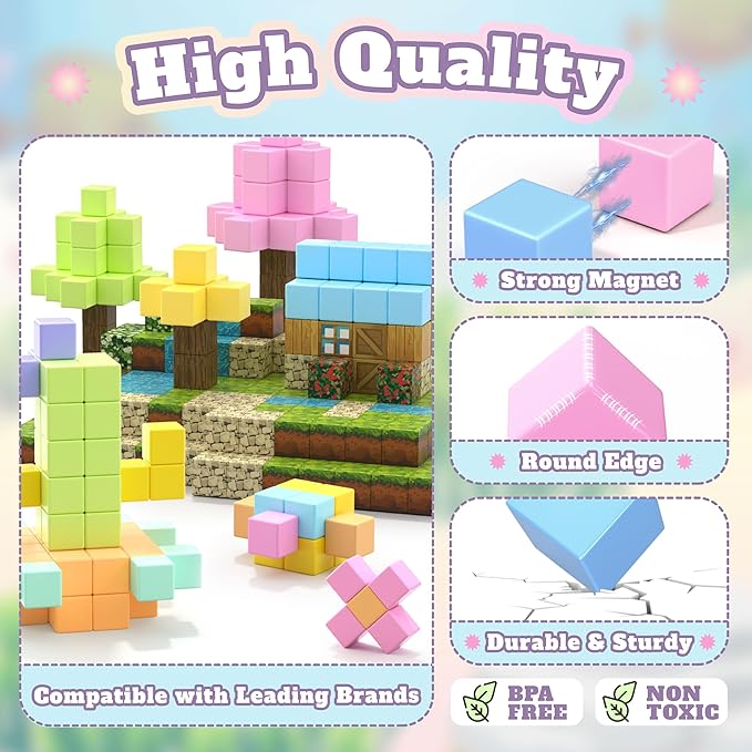 116 PCS Magnetic Blocks Set, 1" Magnet Building Blocks with Toy Eyes and Storage Bag for Kids Gifts, STEM Educational Preschool Sensory Toys for Toddlers Boys Girls Ages 3 4 5 6 7 8 + (Macaron Color)