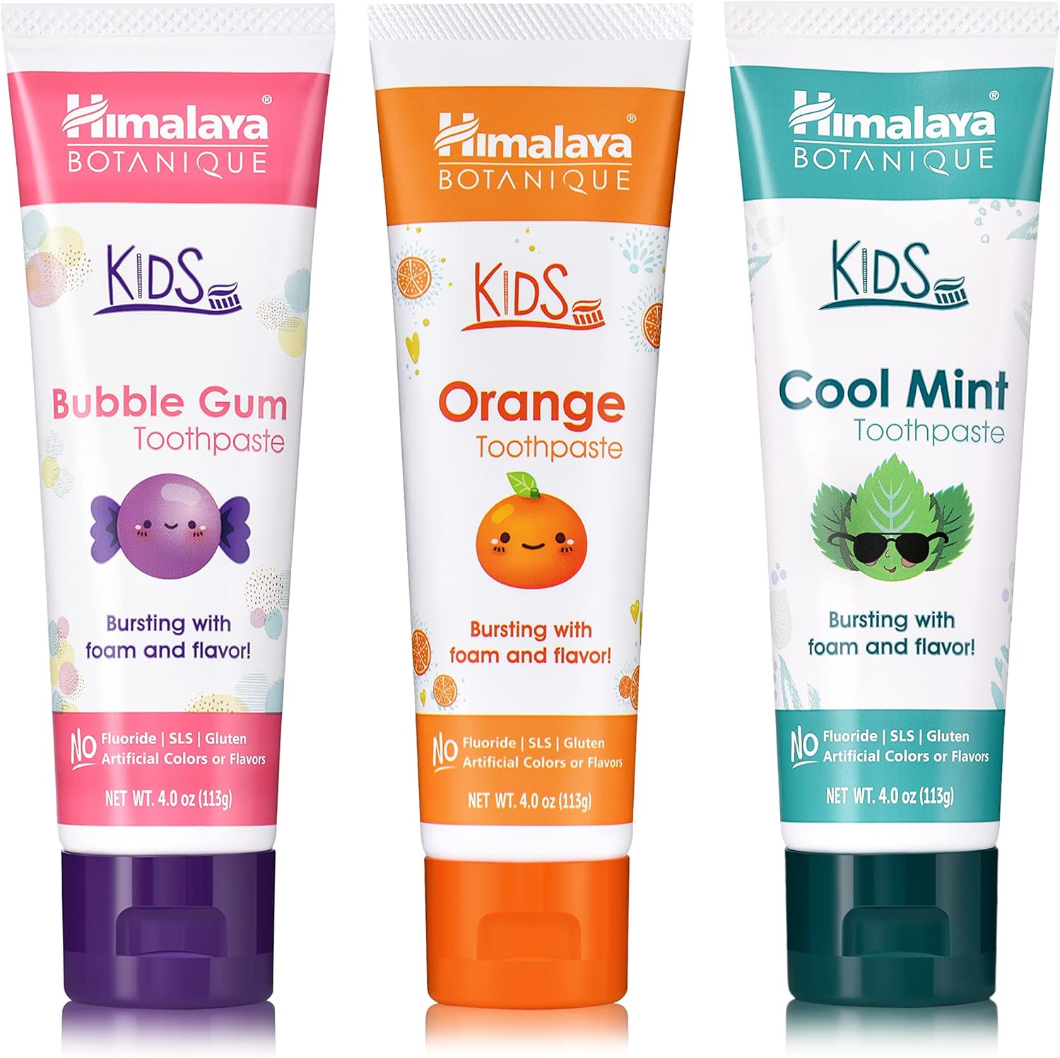 Himalaya Botanique Kids Toothpaste with Xylitol, Variety Pack of Bubble Gum, Orange & Cool Mint - Fluoride Free Toothpaste - Vegan, Gluten Free, No Artificial Flavors or Colors, 4 oz (Pack of 3)