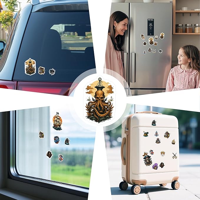 100 PCS Pirate Stickers Pack – Funny Adventure Vinyl Waterproof Decals with Ships, Treasure Maps, Sea Creatures for Laptop, Water Bottle, Car, Scrapbook, Kids, Adults Gifts