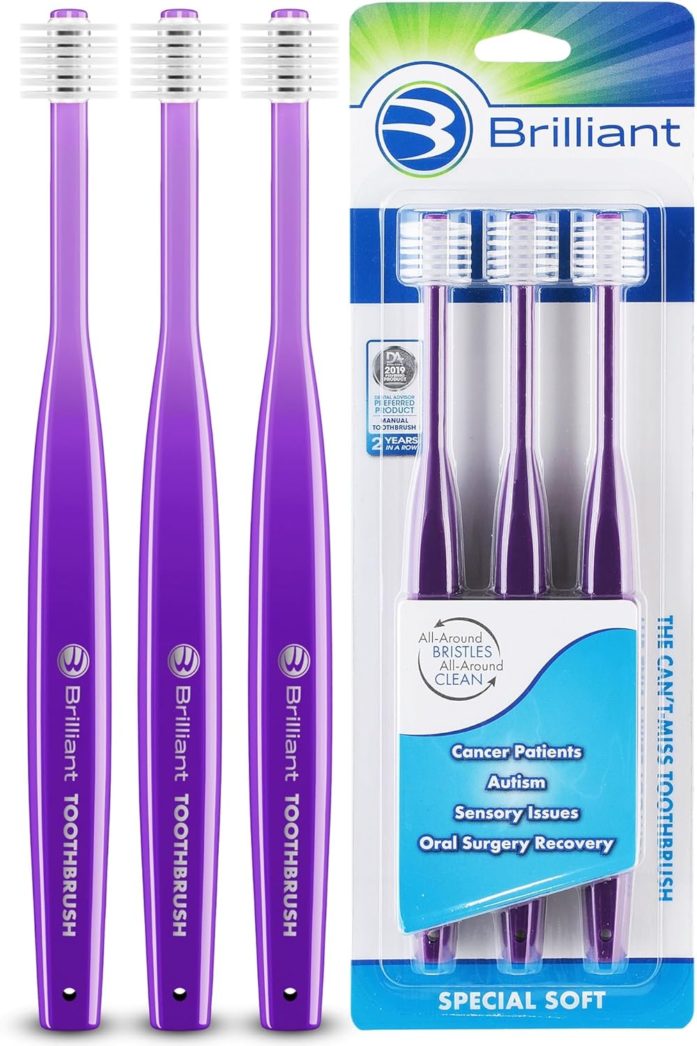 Brilliant Specialty Adult Round Toothbrush for Sensitive Mouths to Support Chemo and Other Sensory Oral Care Needs with Ultra Soft Bristles, Violet, 3 Pack