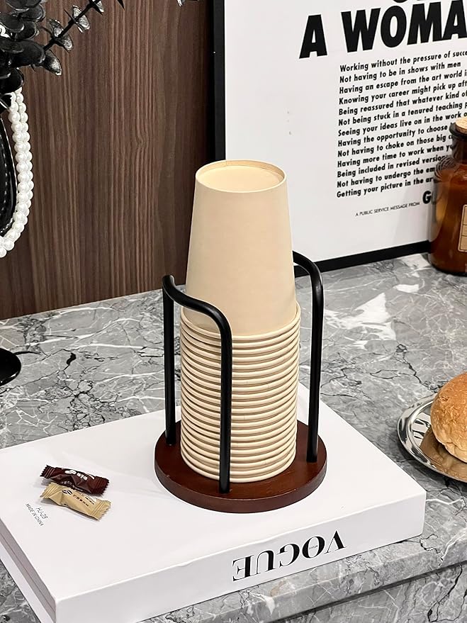 Wood Bathroom Cup Holder, Stylish Walnut Disposable Cup Dispenser, Plastic Mouthwash Cup Storage Organizer for Cups (Under 3.35in Diameter) -Perfect for Office, Kitchen, Gym, School or Cafes