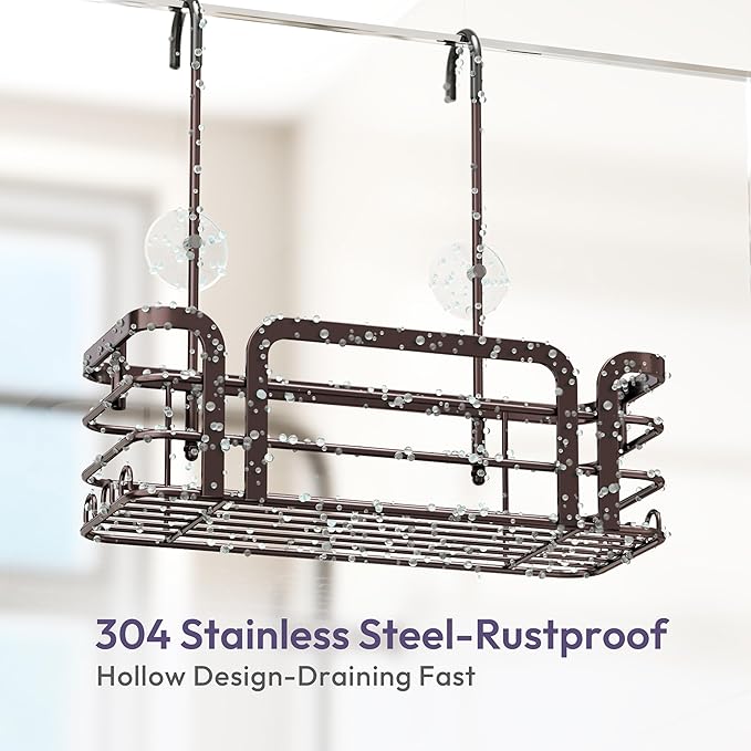 SWTYMIKI Shower Caddy Hanging Organizer - Over the Door Shower Caddy with 6 Hooks, 2 Installation Ways, Stainless Steel Rustproof Bathroom Organizer, Bronze