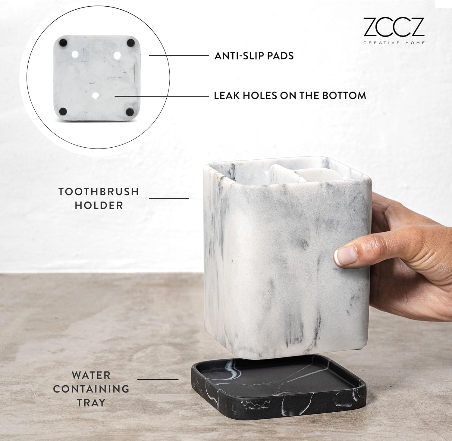 zccz Toothbrush Holder, Countertop Marble Look Electric Toothbrush Toothpaste Makeup Brush Razor Holder Stand Bathroom Organizer with Detachable Tray