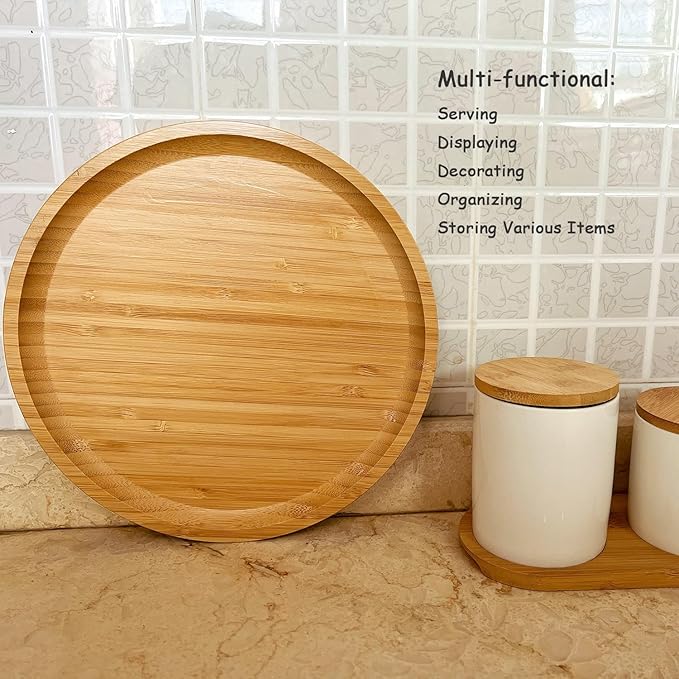 Wood Vanity Tray, Bathroom Counter Solid Walnut Organizer, Toilet Tank Top Wooden Serving Plate for Dinner Tea Coffee (Natural Bamboo Color, 9.8 x 9.8 inch)