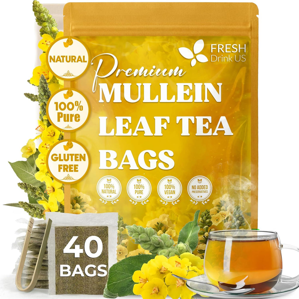 FreshDrinkUS, Premium 40 Mullein Leaf Tea For Lungs, Great Lung Detox For Smokers, Handmade, 100% Natural & Pure, No Sugar, No Caffeine, No Gluten, Vegan