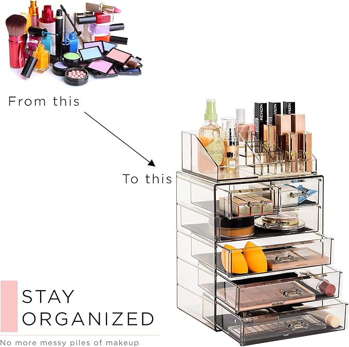 Sorbus Acrylic Makeup Organizer Set, 6-Drawer Vanity & Countertop Cosmetic Storage with Small & Wide Compartments, Black-Tint Makeup Storage for Brushes, Jewelry – Holiday Gift for Women & Teens