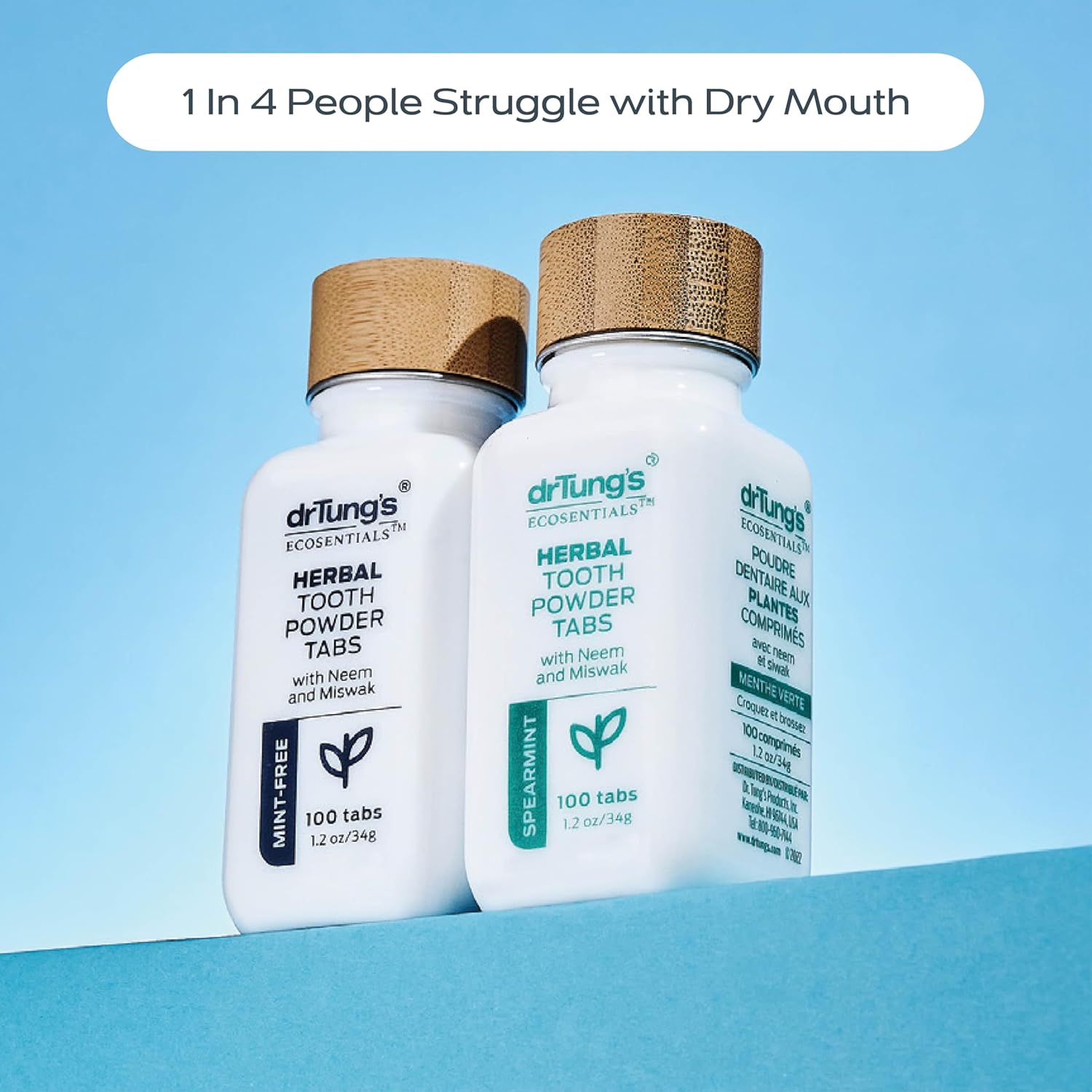 drTung's Herbal Toothpaste Tablets - Toothpaste Tabs for Dry Mouth Relief, Natural Tooth Powder Tablets for Fresh Breath, Fluoride Free, Travel Size, Vegan, Non-GMO - Mint-Free (100 Tabs), 3-Pack