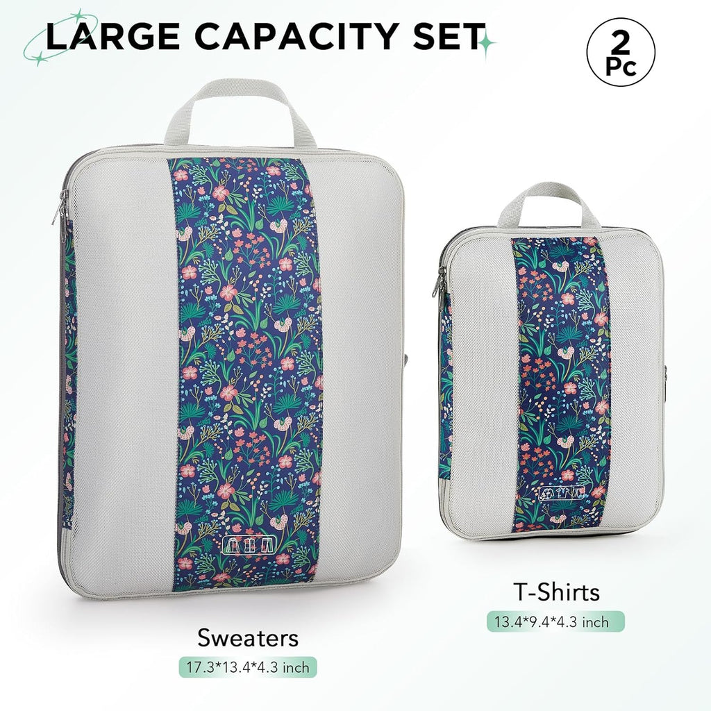 2 Set Compression Packing Cubes for Travel Essentials,Compressible Expandable Packing Cubes for Suitcase,OlarHike Luggage Organizer Bags for Travel(Dark Blue Floral)