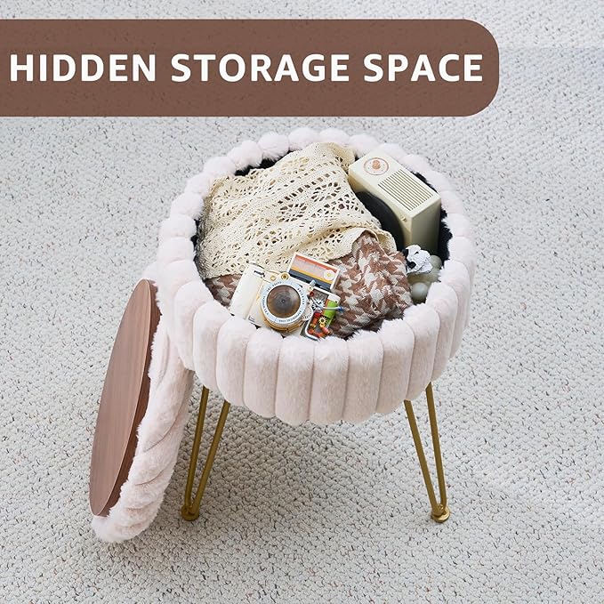 Wimarsbon Vanity Stool with Storage, Faux Fur Ottoman Chair with Metal Legs, Round Makeup Vanity Chair for Bedroom or Dressing Table, Modern Small Ottoman Seat (Champagne-1)