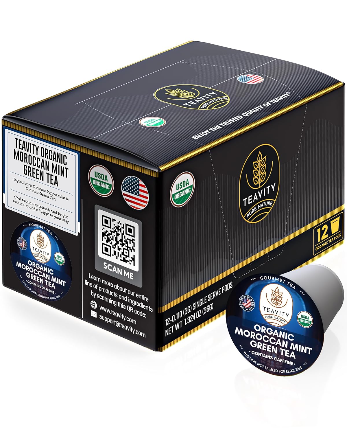Organic Moroccan Mint Tea and Green Tea Pods for Keurig - Caffeinated Unsweet Tea for K Cup Brewing by Teavity (12 Tea Pods)