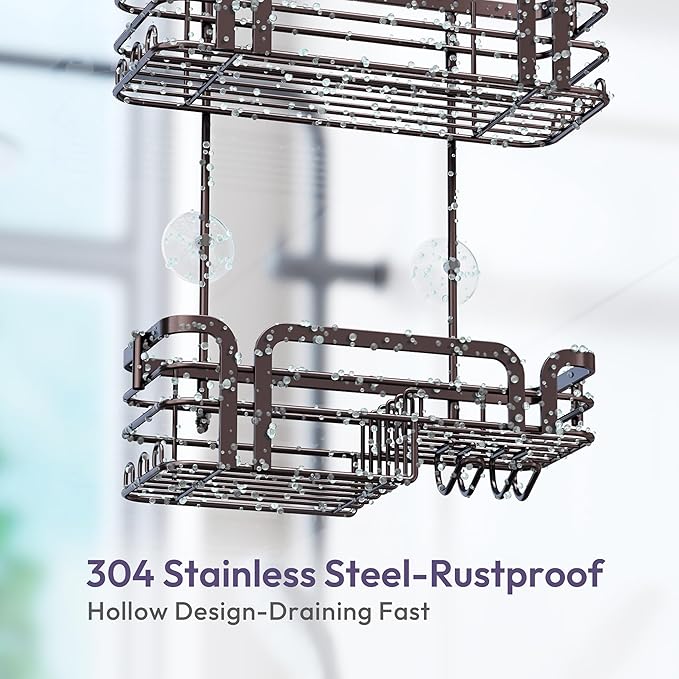 SWTYMIKI Shower Caddy Hanging Organizer - Over the Door Shower Caddy with Soap Holder, 11 Hooks, 2 Installation Ways, Stainless Steel Rustproof Bathroom Organizer, Bronze