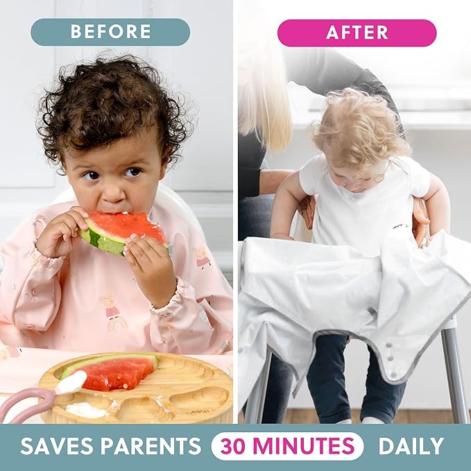 BIBaDO - Long Sleeve Baby Bibs - Babies & Toddlers 6-36 Months - Coverall Baby Led Weaning Bib - Easy Wipe, Soft & Waterproof