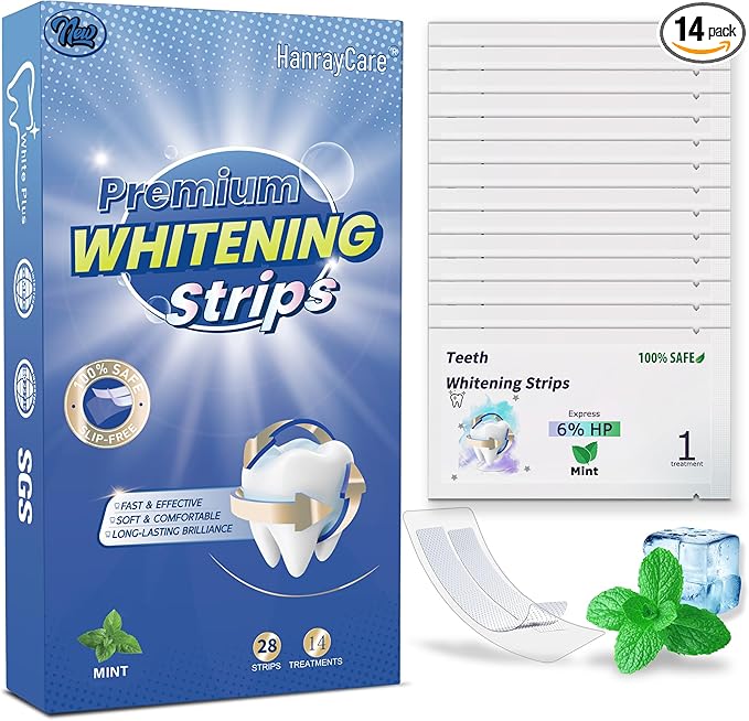 Teeth Whitening Strips, Clinically Tested for 4X Faster & Whiter, Enamel-Safe, Non-Slip Grip, Deep Stain Removal, Hydrogen Peroxide Formula for Lasting Relief, Vegan, 28 Ct (14-Day), Mint | HanrayCare
