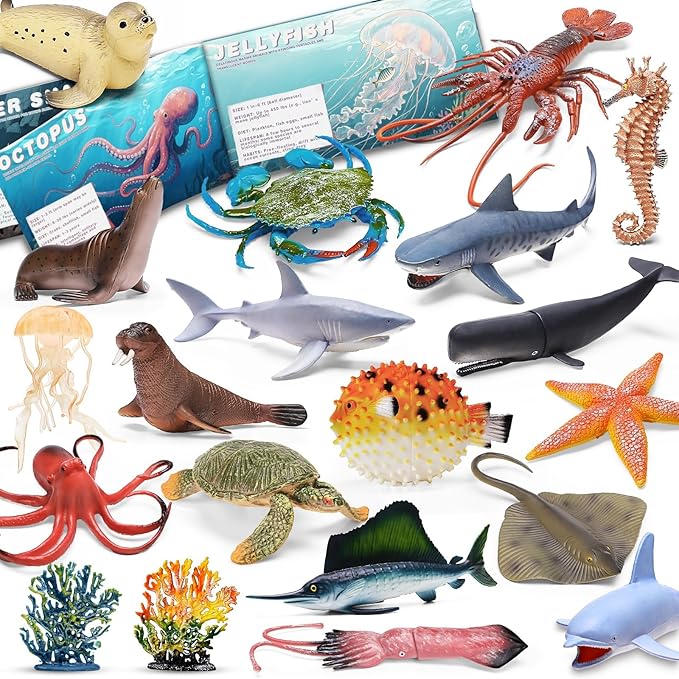 20 Pcs Ocean Animal Toy with Educational Booklet, Plastic Sea Animal with Gift Box, Mini Sea Creature Figures for Kids Age 3+, Birthday Gift, Ocean Theme Party Favor, Water Bath Toy for Toddler