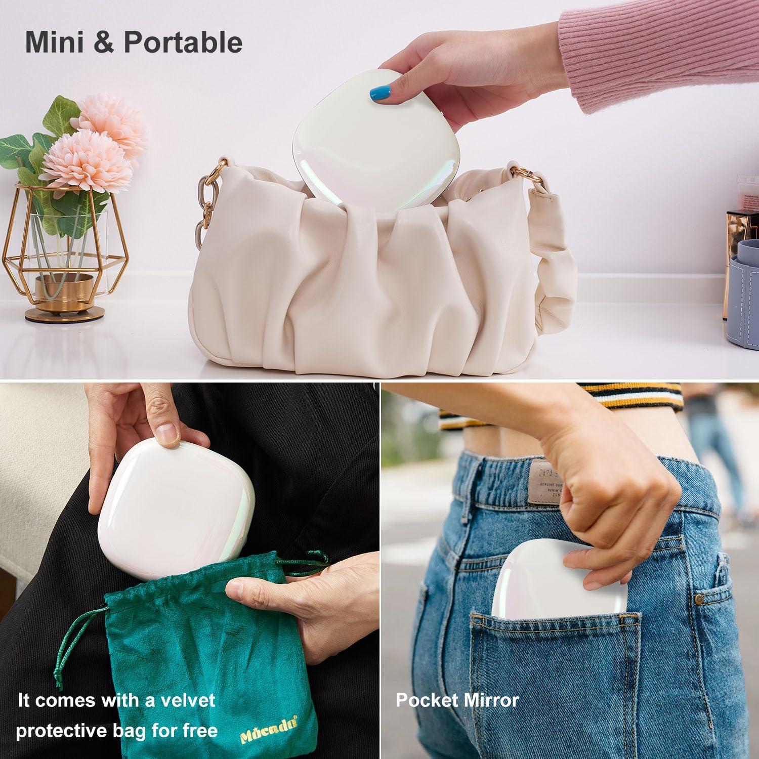 Mocado Compact LED Travel Makeup Mirror - 4 Inches 1X/10X Magnification Travel Mirror with Light Dimmable Double Sides Lighted USB Rechargeable Compact Mirror for Purse,Pocket,Travel(White)