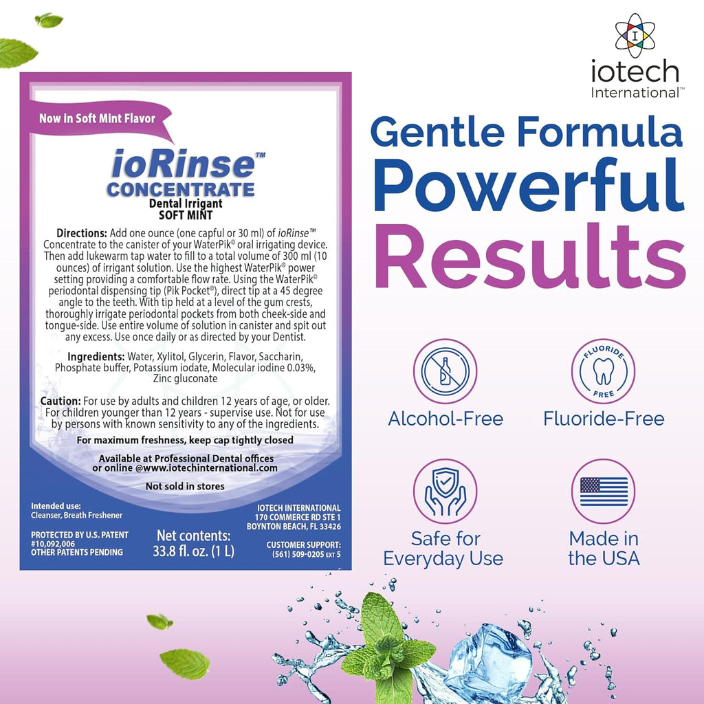 ioRinse Concentrated Irrigant with Active Molecular Iodine, Alcohol-Free Dental Irrigant, use with Water Flossers, and All Other Oral Irrigation Devices - Soft Mint