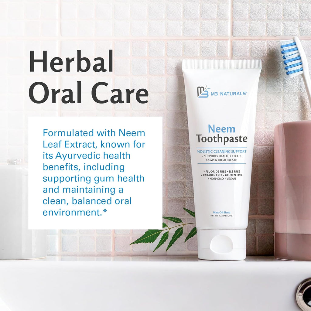 Fluoride-Free Neem Toothpaste with Mint for Adults & Kids with Sensitivity | Vegan, Gluten & SLS Free Herbal Formula for Sensitive Teeth, Healthy Gums and Fresh Breath, 4.23 oz (120g) Pack of 3 by M3