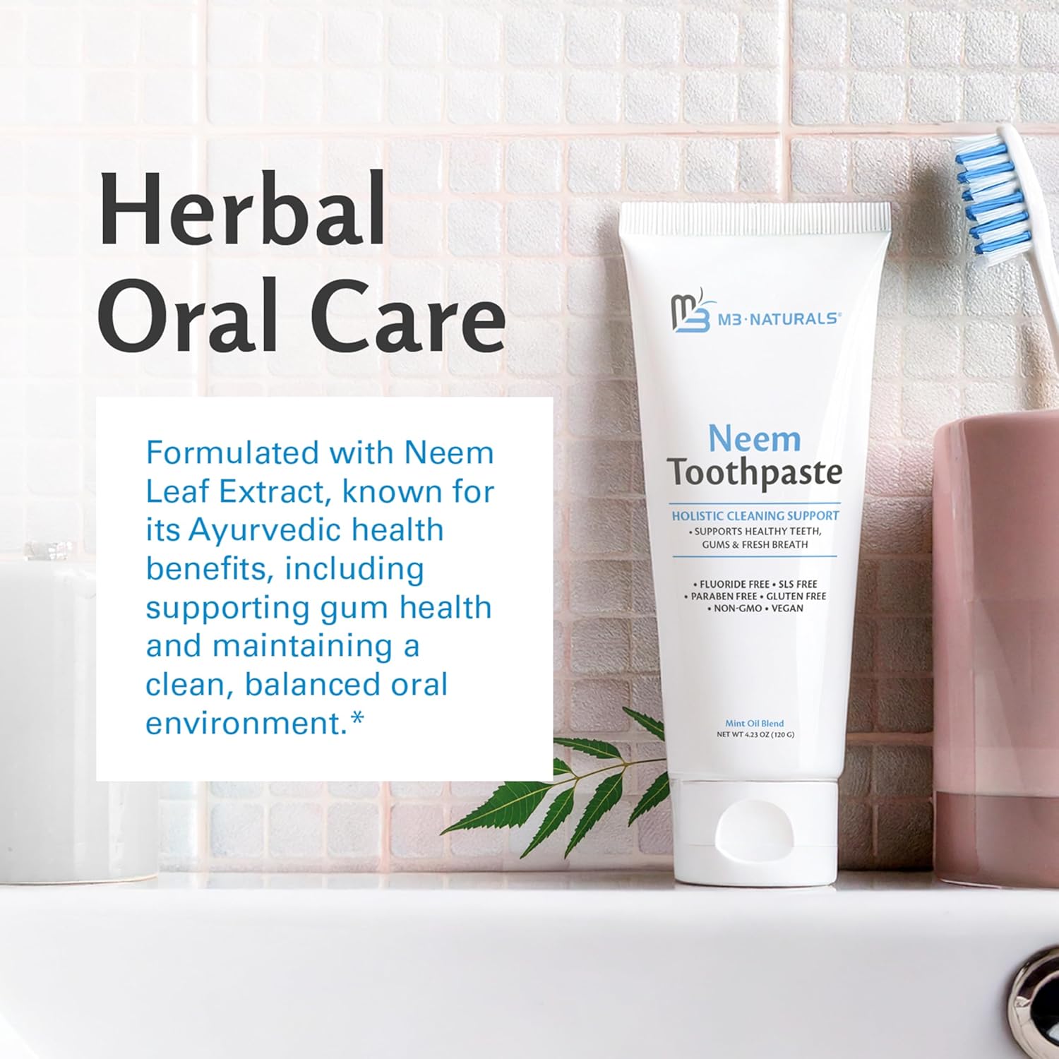 Fluoride-Free Neem Toothpaste with Mint for Adults & Kids with Sensitivity | Vegan, Gluten & SLS Free Herbal Formula for Sensitive Teeth, Healthy Gums and Fresh Breath, 4.23 oz (120g) Pack of 3 by M3