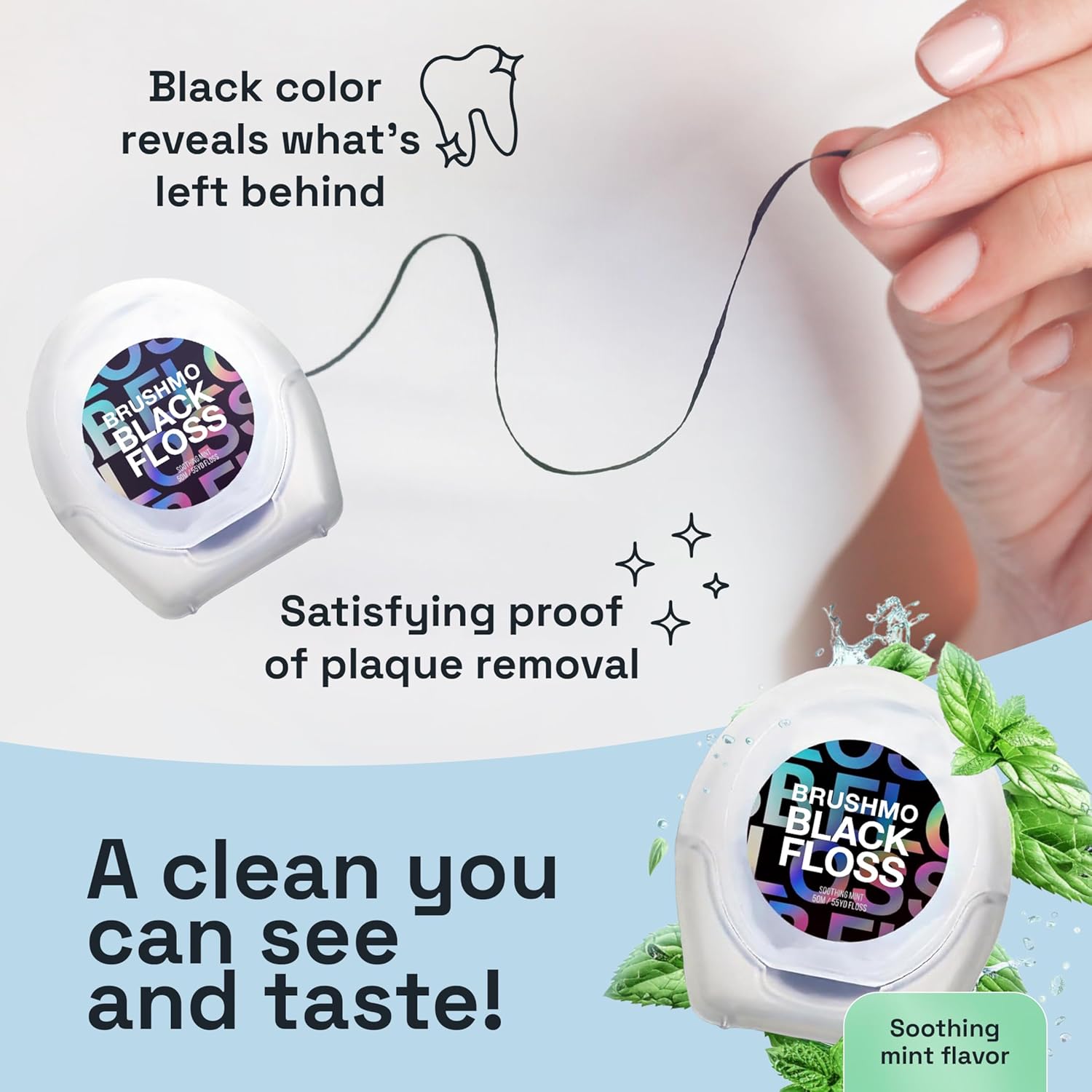 Brushmo Black Floss (BBFloss) - Expanding Floss, Gum-Friendly Soothing Mint Dental Floss, Natural Vegan Wax to Remove Plaque from Teeth, Dentist Designed PTFE & PFAS Free Oral Care, 3 Spools, 163 yd