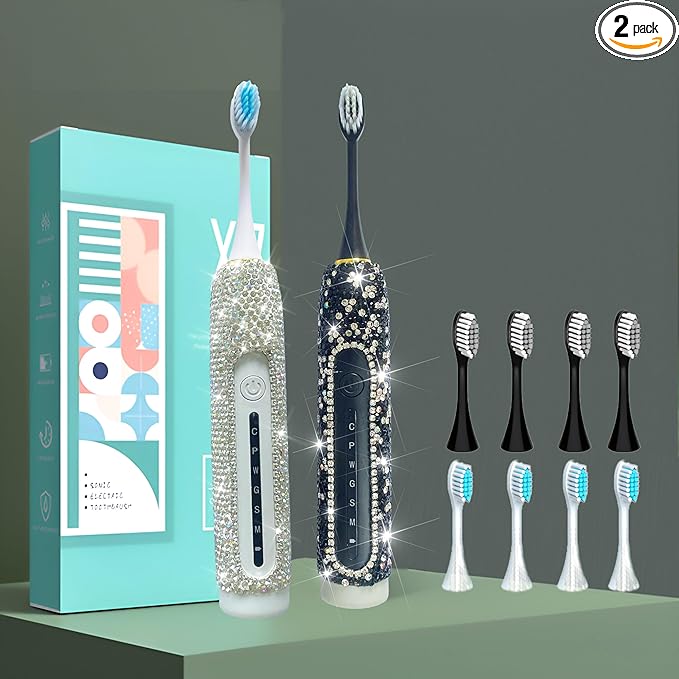 Electric Toothbrush for Woman Bling Diamond Decor Portable Travel Essentials for Couple Gifts Toothbrush with 3 Replacement Heads 6 Modes（Silver & Black
