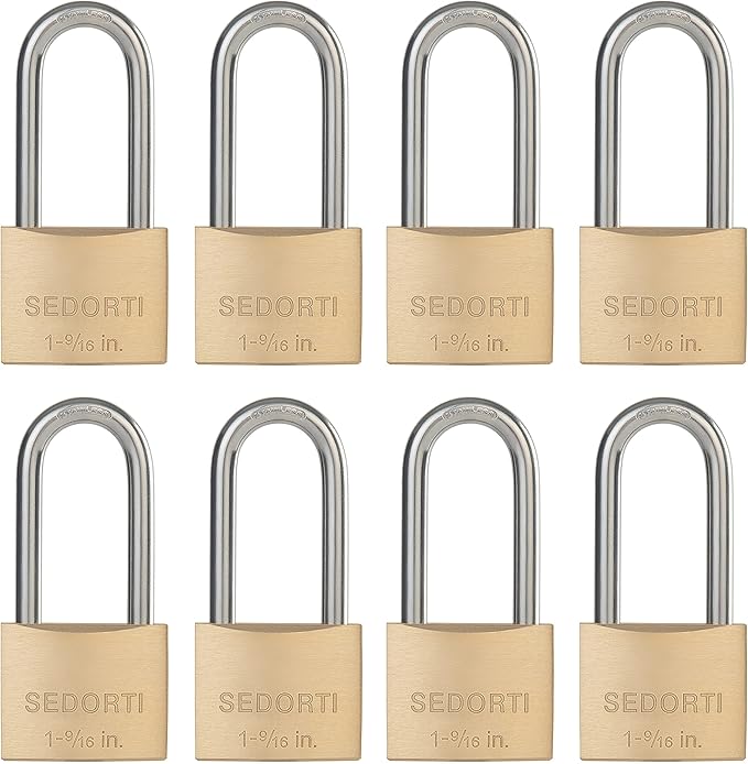 Weatherproof Padlock with Stainless Steel 304 Long Shackle and Solid Brass Body, 1-9/16 in. Wide, 8 Padlocks Keyed Alike, Marine Grade Rustproof Lock for Outdoors Use YNBSP840
