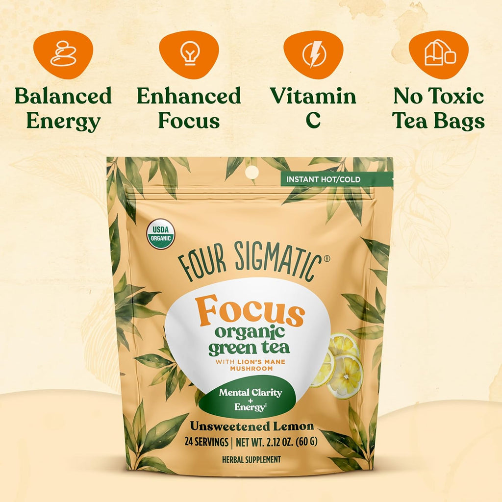 Four Sigmatic Focus Organic Green Tea | Focus Enhancing Tea with Lion's Mane Mushroom Extract | Organic Green Tea, Mint, and Rose Hips | Vegan, Gluten-Free | Unsweetened with Lemon, 24 Servings