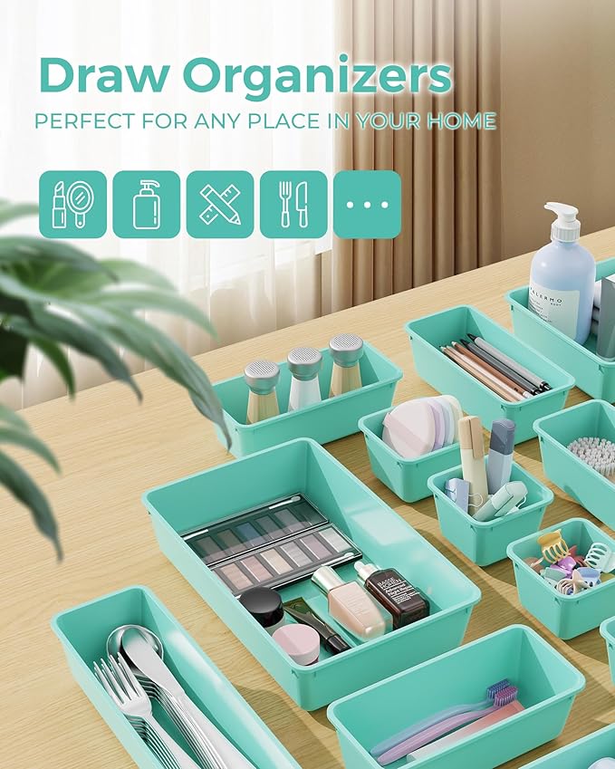 25 PCS Plastic Drawer Organizers Set, 4-Sizes Vanity and Makeup Organizer, Desk and bathroom Drawer Organizer Trays, Organizers and Storage for Makeup, Jewelry, Gadgets, Utensils (Blue)