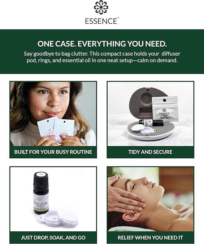 Essence Pearl Travel Case - Wearable Aromatherapy Kit with Nasal Diffuser Rings, Soaking Bay, and 5mL Essential Oil – Portable Wellness Gift Set for On?The?Go Self Care