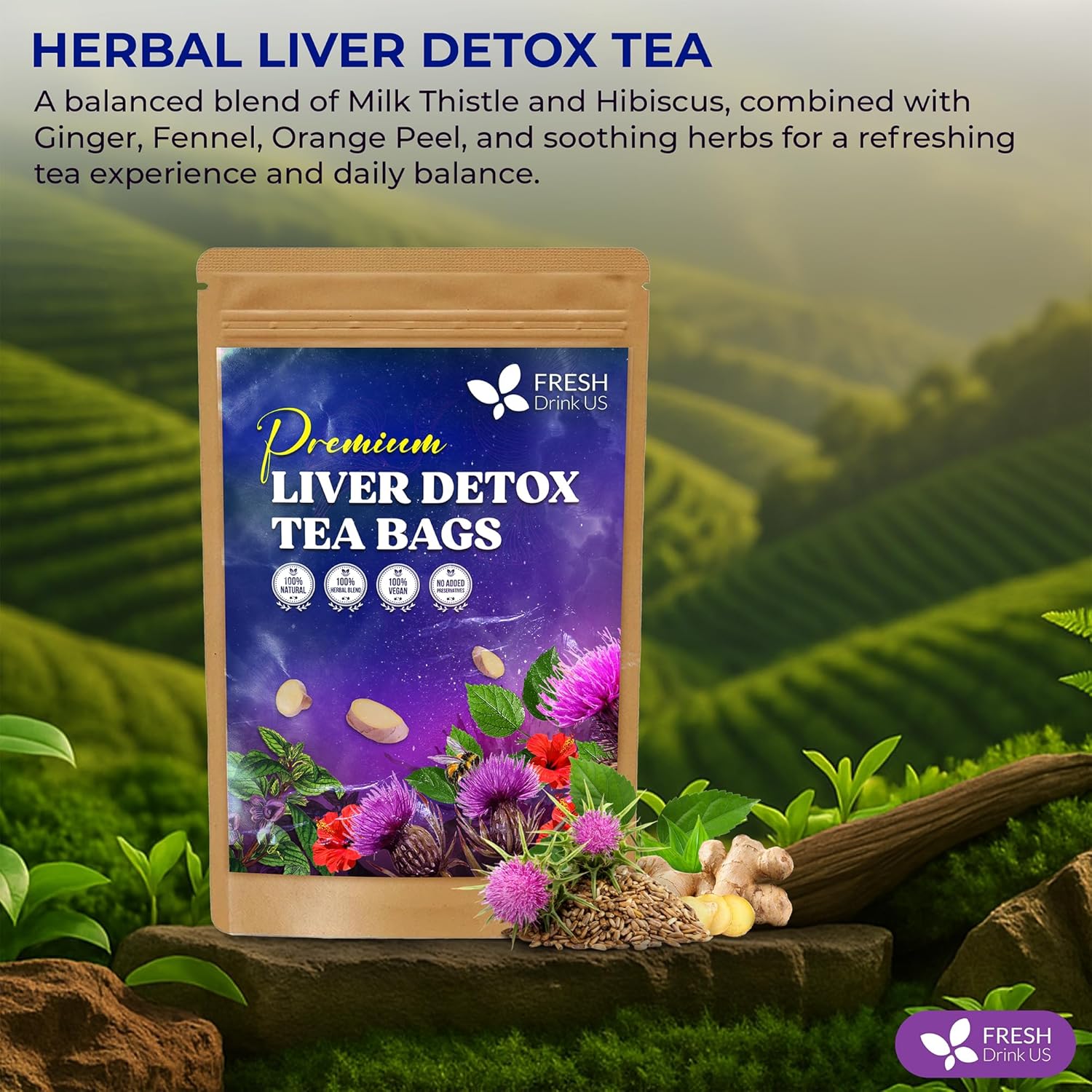 FreshDrinkUS, Premium Liver Herbal Detox Tea – Strong Blend Of Milk Thistle, Hibiscus, Peppermint & Ginger | Fennel, Lemongrass & Orange Peel with Stevia | Vibrant Caffeine-Free Botanical Blend